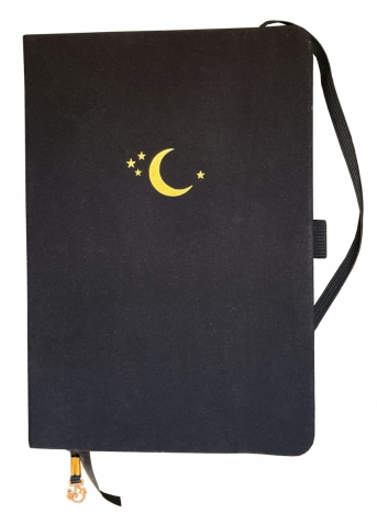 Cover of Grace Ramsdell's diary; a black notebook with a yellow crescent moon and four stars