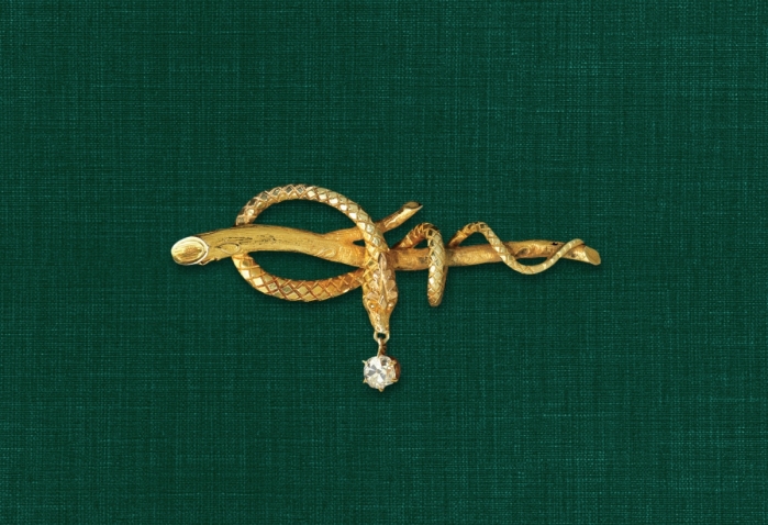 A photo of Secretary Albright's iconic serpent pin -- a snake curled around a branch. A diamond hangs from its mouth.