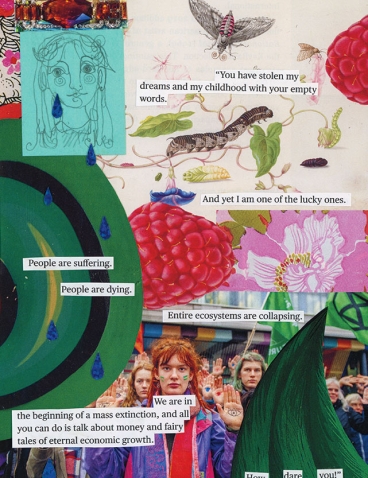 A page from the journal Eva McNally ’25 kept for the class is collage of images and words decrying climate change.