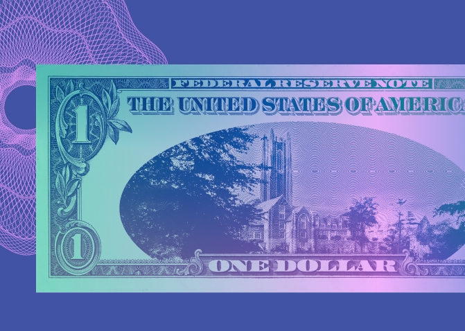 An image of a dollar bill showing Galen Stone Tower on the Wellesley campus.