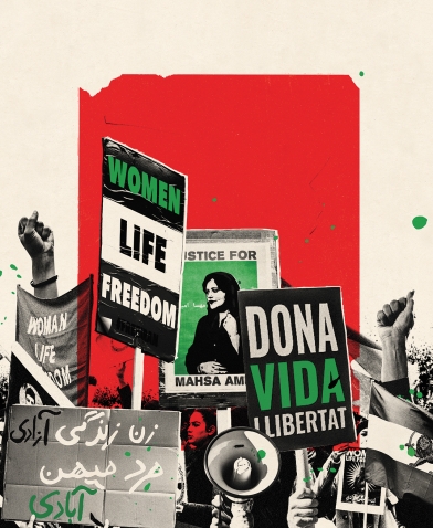 A collage illustration depicts protest signs saying "Women, Life, Freedom," and showing Masha Amini. The images evoke the red, green, and black of the Iranian flag.