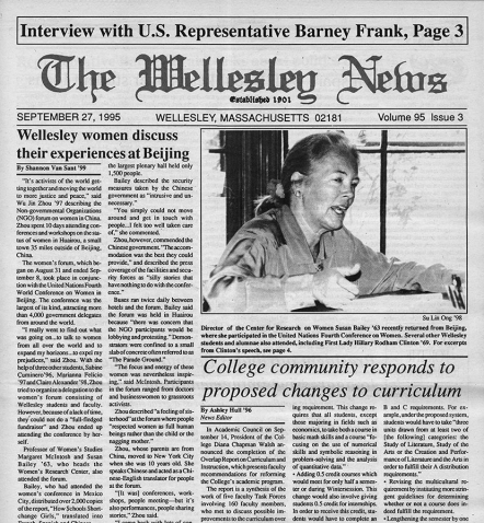 Photograph of a copy of Wellesley News from Sept. 27, 1995. Headlines read "Wellesley women discuss their experiences at Beijing" and "College community responds to proposed changes to curriculum."