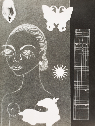 "Self-Portrait" a photogram image created by Rosa Rolando circa 1930, includes a drawing of a woman crying a single tear, amid silhouettes of a crouching deer, a shell, a moth, and a ruler.