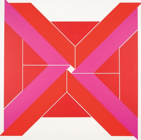 Inward Longing, a large square composition that features an array of trapezoids, in deep pinks and bright reds, that converge, but remain just out of alignment, to articulate a small, bright white square at the center of the canvas. 
