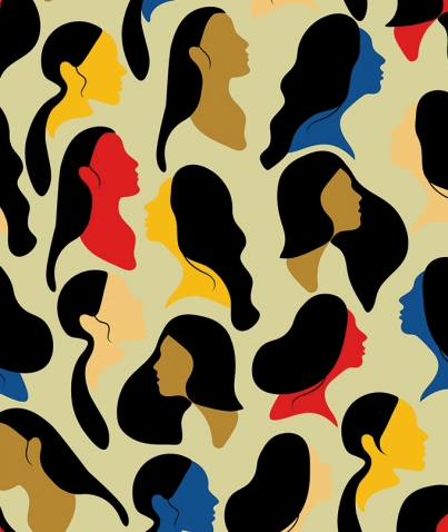 An illustration shows profiles of women's faces in many colors.
