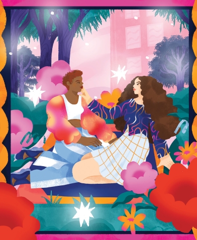 Colorful illustration of a queer couple gazing into each others eyes romantically on a blanket outside on campus