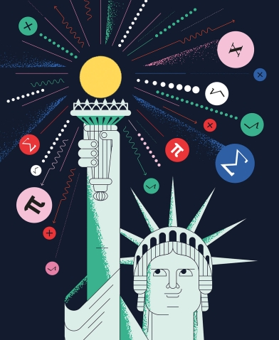 Illustration of the Statue of Liberty with math symbols radiating from her torch