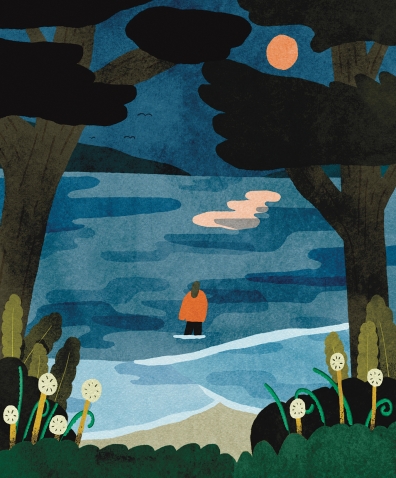 An illustration  depcits a hauntiong image of a figue wading in a lake.