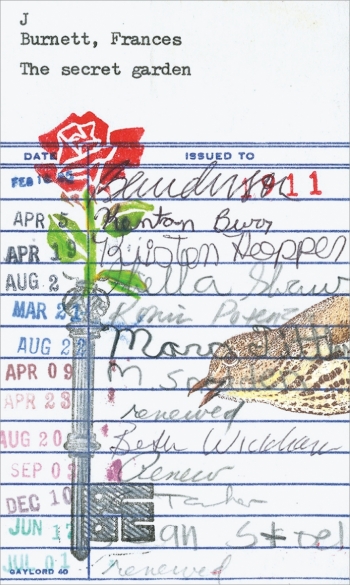 A piece of art by Barbara Page '66 is a pictogram depicting a rose and a bird on 3-by-5-inch library checkout card for the book "A Secret Garden."