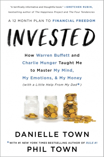 The cover of INVESTED depicts three glass jars with coins in them, one almost empty, one half-full, and one overflowing. 