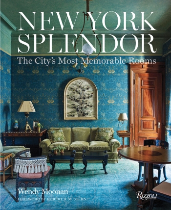 The cover of New York Splendor by Wendy Moonan '68 depicts a sumptuous New York City living room with velvet furnishings and blue and gold wallpaper.