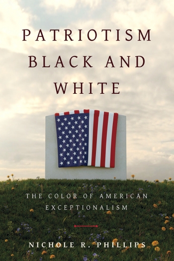 The cover image of Patriotism Black and White depicts an American flag draped over a white marble tombstone.