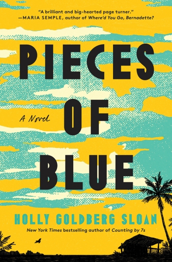 The cover of Pieces of Blue depicts a hut on the shore in Hawai'i with a palm tree towering over it.