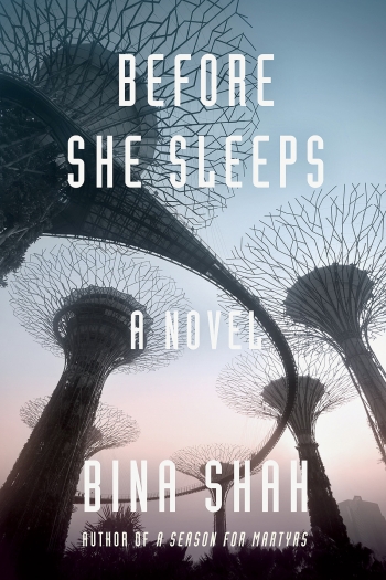 The cover of Before She Sleeps shows a image of large, looming, futuristic trees made from metal.