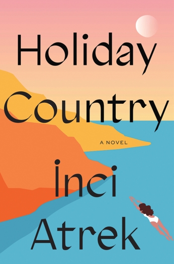 The cover of Holiday Country is an illustration depicting a Greek island with the figure of a woman swimming. toward it