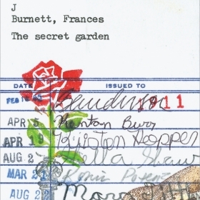 A piece of art by Barbara Page '66 is a pictogram depicting a rose and a bird on 3-by-5-inch library checkout card for the book "A Secret Garden."