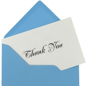 An illustration shows a thank-you note emerging from a blue envelope