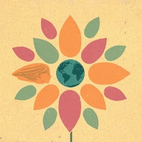 An illusration depicts a stylized flower. A globe forms its center, and one of the petals in the face of a young woman.