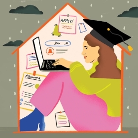 An illustration depicts a woman wearing a mortarboard, seated in her house with a laptop filling out applications.