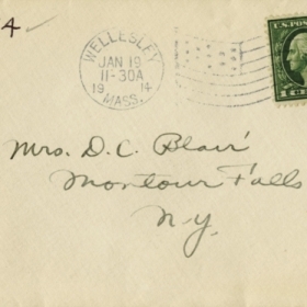 A photo of an envelope found in the College Archives addressed to Mrs. D.C. Blair on Jan. 18, 2014.