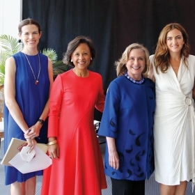 A photo shows, from left: Charlotte Howard, President Paula A. Johnson, Hillary Rodham Clinton ’69, Jennifer Hyman, Ann Mukherjee, and Andrea Jung