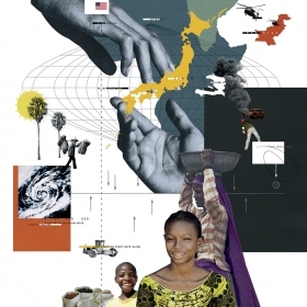 Collage of images related to Haiti and Japan, with maps and people