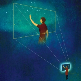 Illustration of a woman touching a glowing screen that is projected onto a starry night sky