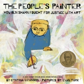 The cover of The People's Painter is a stylized illustration of Ben Shahn at work on a painting of a dove.