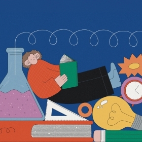 An illustration depicts a student reclining on a pile of symbols of education, incuding a book, a beaker, a pencil, and a triangle.