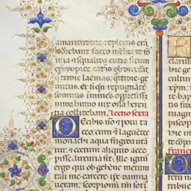  The page from the Llangattock breviary donated to Wellesley features beautiful calligraphy and ornate decorations in brilliant reds, blues, greens, and golds.