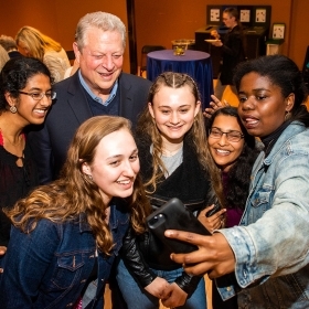 A photo shows former Vice President Al Gore taking a selfie with students following his Wilson Lecture on climate change.
