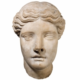 A photo shows Head of a Goddess, a Greek (Attic), 5th century b.c.e., sculpture, in the Davis Museum collection.