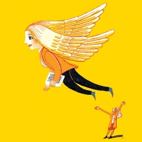 Illustration of a woman in a business suit with wings taking flight while another woman on the ground cheers