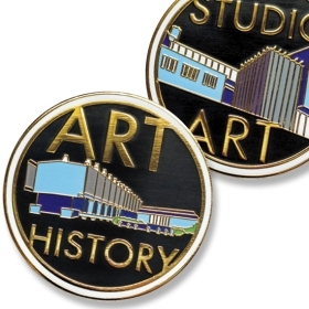 Pins made for art history and studio art majors depict the Jewett Arts Center and Pendleton , respectively. 