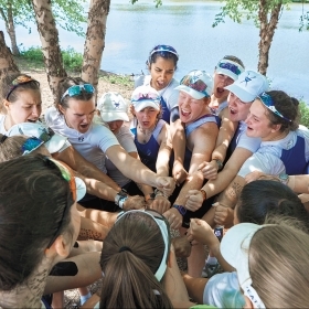 The Wellesley College crew team huddles before competing in the NCAA Division III National Championship in Pennsauken, N.J. For the second consecutive year and the third time in program history, Wellesley won the championship.