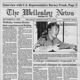 Photograph of a copy of Wellesley News from Sept. 27, 1995. Headlines read "Wellesley women discuss their experiences at Beijing" and "College community responds to proposed changes to curriculum."