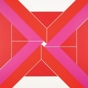 Inward Longing, a large square composition that features an array of trapezoids, in deep pinks and bright reds, that converge, but remain just out of alignment, to articulate a small, bright white square at the center of the canvas. 