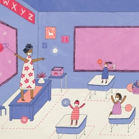 An illustration shows masked young students and a their teacher in a socially distanced classroom setting.