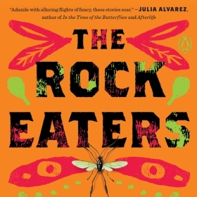 The title "The Rock Eaters " is surrounded by stylized tropical island and a drawing of a large insect,