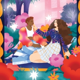 Colorful illustration of a queer couple gazing into each others eyes romantically on a blanket outside on campus