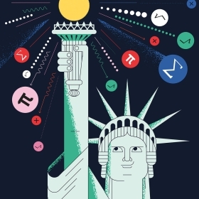 Illustration of the Statue of Liberty with math symbols radiating from her torch