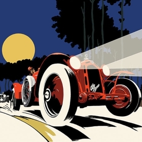 The cover of The Pursued and the Pursing shows a drawing of a powerful open sedan driving on a road lit by moonlight.