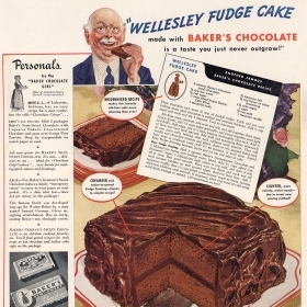 Ilustrated ad from Life magazine in 1941, featuring a square Wellesley Fudge Cake, an older man eating a slice of cake, with the tag line, "Wellesley Fudge Cake made with Baker's Chocolate is a taste you never outgrow!"