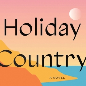 The cover of Holiday Country is an illustration depicting a Greek island with the figure of a woman swimming. toward it