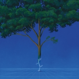 Illustration of a tree on a blue background with an incomplete rendering of a sapling growing in front of it