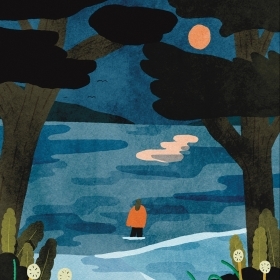 An illustration  depcits a hauntiong image of a figue wading in a lake.