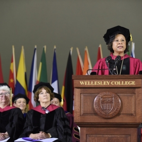 President Paula Johnson addresses the gathered students, faculty, staff, and families and friends of the class of 2018.